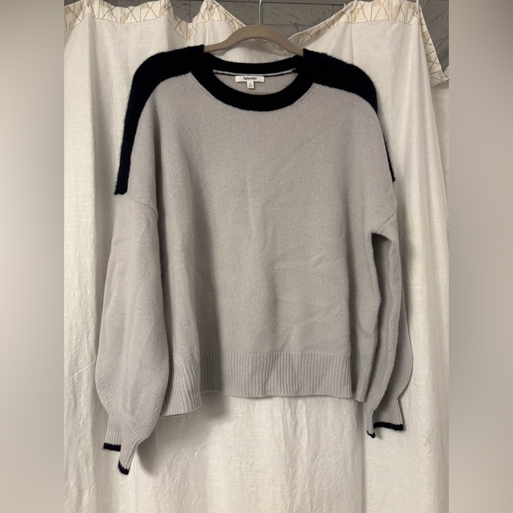 Splendid 100% cashmere sweater, gray with navy stipe. Women's size XL